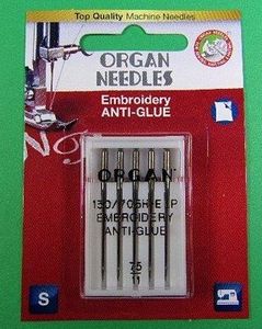 Organ ORG5117-075,  - Alternative number 5117075BL, Anti-Glue Embroidery Needles 75/11 Carded, 5 Needles/Card