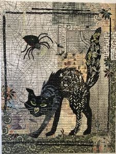 Fiberworks LHFWBLACKCAT, Black Cat Collage Pattern 24x32 by Laura Heine