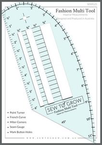 Sew to Grow, Multi tool, point turner, fench curve, seam gauge, button holes, Sew to Grow SWTGG25 Fashion Multi Tool Ruler, French curve, seam gauge, point turner, mitering tool, hemmer and for button hole placement