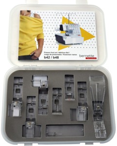 Bernette 502040.55.10 8pc Serger Coverstitch Chainstitch Foot Feet Kit for B42 B48: Binder, Hemmer, Cording, Lace, Lacehem, Belt Loop, Standard Clear Feet