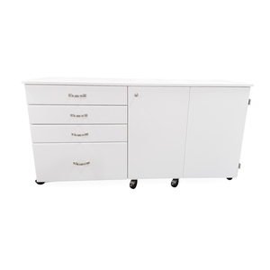 Americana Susan R9501 Electric Lift Platform Sewing Cabinet, Curved Rear Quilting Leaf, Opens to 61Wx37Dx30-1/2in White, 27x12-1/2in Machine Opening