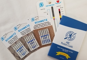 Schmetz SSKB, Sewing with Knits Needles Bundle from Rhonda Pierce Live Show Special, 3 packs of 5 Needles Each, Luggage Tag, BC Pocket Info Guide