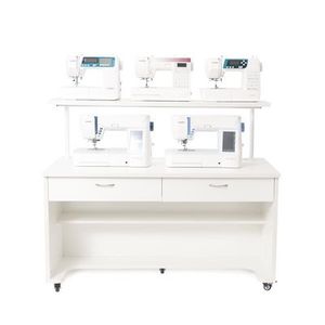 Arrow, Cabinets, Sewing Machine, Display, removable shelf, industrial casters, 2 storage drawers, accessory kit, LED light, extra power outlets, Arrow Cabinets A3501DS 2 Tier 55" Wide Sewing Machine Display Table with LED Lights, Switch and Plug Strip