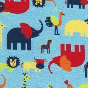 Fabric Finders 2471 Zoo Animal Fabric: Blue, Red, Yellow, and Green