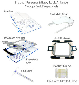 Mighty Hoops BR-PR1KIT Brother PRS100 Starter Kit, Hoopmaster Station, Portable Base, 100x100 Fixture, Freestyle Arm, T-Square,8x8" Mighty Hoop, Guide