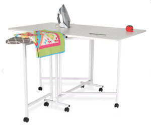 Arrow 3311 Millie Multi Purpose Cutting Table 63-1/2"Wx59-1/8"Dx36 1/4"H White, with Integrated Fold Up or Down Ironing Board 27-5/8"Wx12"D