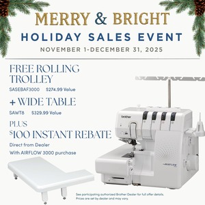 Brother Airflow 3000 Jet Air Threading 2/3/4 Thread Overlock Serger, Cut Sew Overcast in 1 Step, 1300SPM, Needle Threader, Ext Table