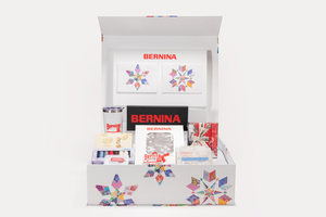 Bernina BERHGB23, Holiday Gift Box 12 Items value $1000: Scissors, USB, Threads, Rulers, Gold Foot, Fabric, Sewing Kit, Scarf, Tumbler, Class, Magazine