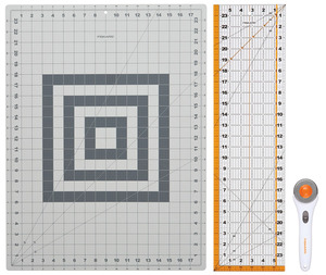 Fiskars 195230 Rotary Cutting 3pc Set 45mm Rotary Cutter, 6in x 24in Acrylic Quilting Ruler, and 18in x 24in Cutting Mat