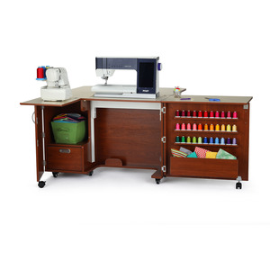 17628: Kangaroo K8405 Wallaby II Sewing Cabinet Teak, EZ Air Lift, Quilt Leaf, Serger Shelf