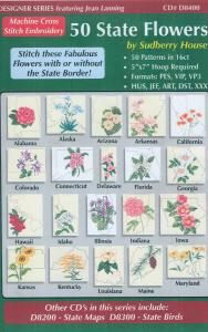 Sudberry House D8400, 50 State Flowers Cross Stitch Designs Multi-Formatted CD in PES, VIP, VP#, HUS, JEF, ART, DST, XXX