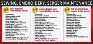 Repair, Sewing Machine Repair, Serger Repair, Embroidery Repair, Service, sewing machine service, Allbrands, Home Sewing, Embroidery Machine, Repair Service, Miminum $q149, Charge Plus, $25 Return, Shipping, Plus Mechanical Adjustments, and Parts, Est