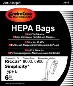 Riccar/Simplicity Replacment Rsr-1432H, Paper Bags, Ric 8000 8900 Sim 7000 Type B Hepa 6Pk
