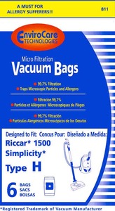 Riccar/Simplicity Replacment Rsr-1443 Paper Bag, 500 1500 Type H Micron 6Pk