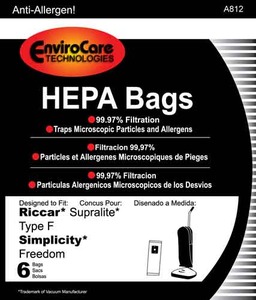 Riccar/Simplicity RSR-1444H/A812, Paper Bags, Sim Type F Ric Supralite Hepa Env6Pk
