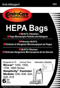 Riccar/Simplicity Replacment Rsr-1448 Paper Bag, 1400 1500 1700 1800 S38 S36 Hepa 6Pk