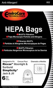 37065: Riccar/Simplicity Replacment Rsr-1449 Paper Bag, Moonlight Sunburst Jack & Jill Hepa 6Pk