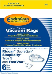Riccar/Simplicity Replacment Rsr-1450 Paper Bag, Surraquick Fastvac Type S Micro 6Pk