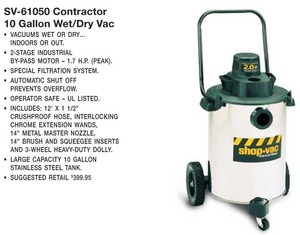 Shop Vac Sv-61050 Vac, Wet Dry Vacuum Cleaner, 10 Gallon, 12' Hose Kit 1 1/2" Diameter