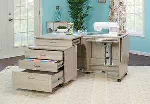 Tailormade Grey Oak or White Quilters Vision Sewing Cabinet 71x55x30" Opening +Companion 3 Drawer Chest, Both On Casters, Fully Assembled, Everything you Need in one Sewing Cabinet: Extra Large Surface, Storage Caddy and Fold Down Design, and the Largest Machine Platform