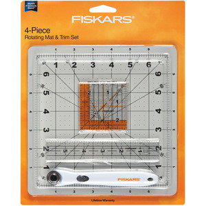 45637: Fiskars F149800 4PC Rotating Cutting Mat & Trim Set 8"X8"