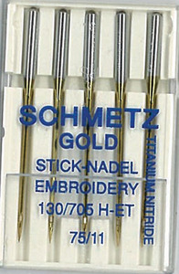 Schmetz GOLD-5-75,  5-Pack Gold Titanium Embroidery Needles, 130/705H-ET ,   sz11/75