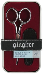 Gingher, G-4C, 4, Inch, Curved, Embroidery, Scissor, chrome, over, nickel, plated, package, hang, bag, fitted, leather, sheath. thicker, blade, cut, strand