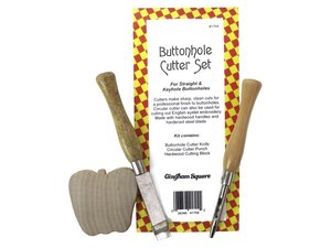 Gingham Square 1704 Buttonhole 3pc Set Straight Cutter, Keyhole Punch, Wood Block