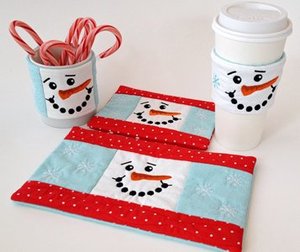 Embroidery, Garden, Snowman, Beverage, Set, sleeve, mug, rug