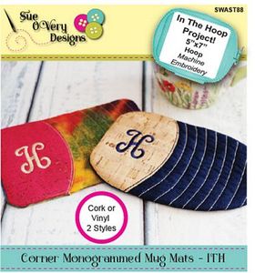 87945: Sue O'Very Designs SWAST88 Corner Monogrammed Mug Mats - ITH