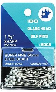 88761: Clotilde IBC-5003 White Glass Head Silk Pins 1-3/8in Long, 250pc Japan