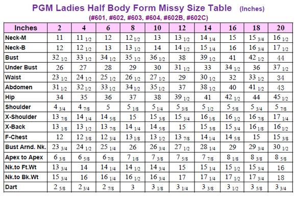 Pgm Dress Form Size Chart