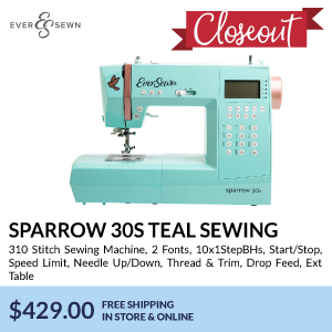 SPARROW 30s teal sewing. 310 Stitch Sewing Machine, 2 Fonts, 10x1StepBHs, Start/Stop, Speed Limit, Needle Up/Down, Thread & Trim, Drop Feed, Ext Table. $429.00. free shipping  in store & online