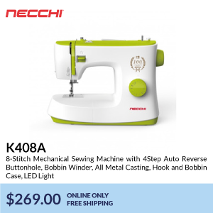 k408a. 8-Stitch Mechanical Sewing Machine with 4Step Auto Reverse Buttonhole, Bobbin Winder, All Metal Casting, Hook and Bobbin Case, LED Light. $269.00. online only free shipping