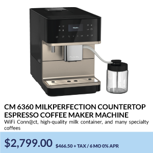CM 6360 MilkPerfection Countertop
Espresso Coffee Maker Machine. WiFi Conn@ct, high-quality milk container, and many specialty coffees. $2,799.00.