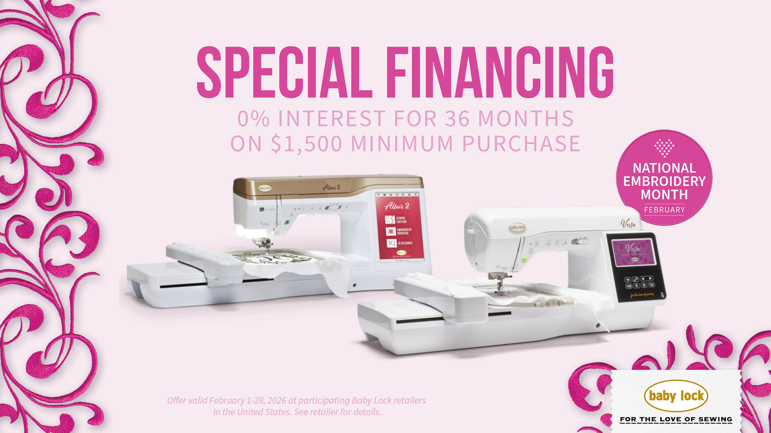 baby lock financing january 0% for 36 months for purchases over $1500