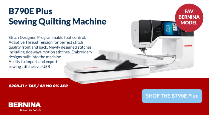 B790E Plus Sewing Quilting Machine. Fav bernina model. Stitch Designer, Programmable foot control, Adaptive Thread Tension for perfect stitch quality front and back, Newly designed stitches including sideways motion stitches, Embroidery designs built into the machine Ability to import and export sewing stitches via USB. $9,999.99. $270.83 + TAX / 48 MO 0% APR