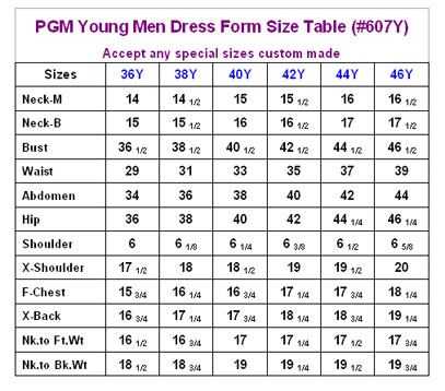 Young Men S Size Chart