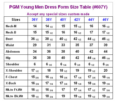 Singer Dress Form Size Chart