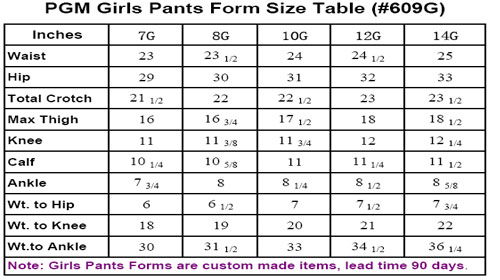 Girls Pants Size Chart