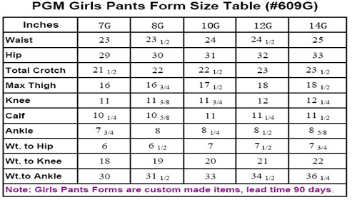 Pgm Dress Form Size Chart