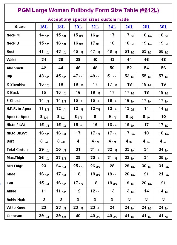 Singer Dress Form Size Chart