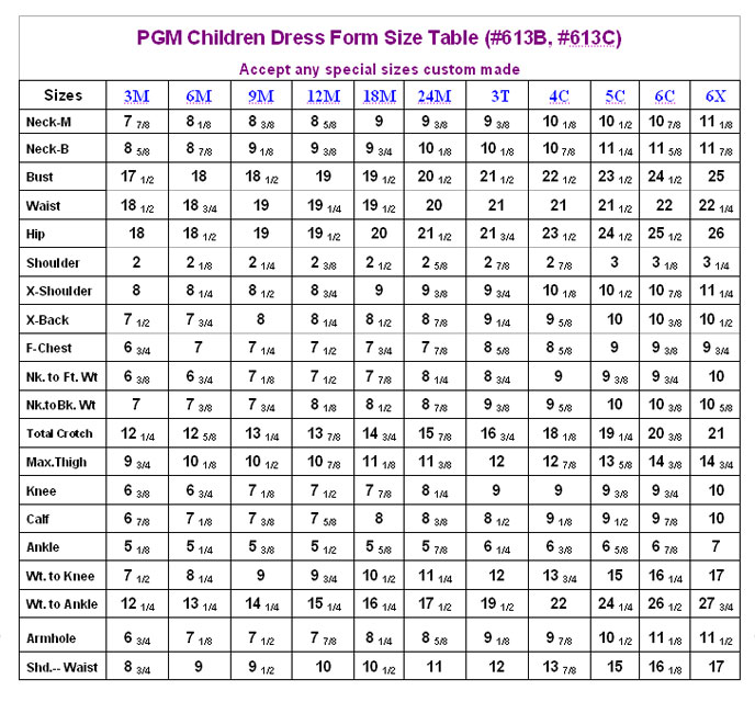 Pgm Dress Form Size Chart