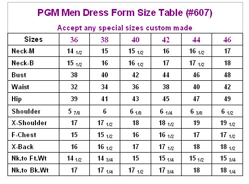 Singer Dress Form Size Chart