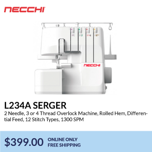 L234A serger. 2 Needle, 3 or 4 Thread Overlock Machine, Rolled Hem, Differential Feed, 12 Stitch Types, 1300 SPM. $399.00. online only free shipping