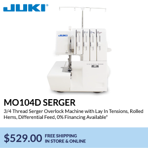 mo104d serger. 3/4 Thread Serger Overlock Machine with Lay In Tensions, Rolled Hems, Differential Feed, 0% Financing Available*. $529.00. free shipping in store & online