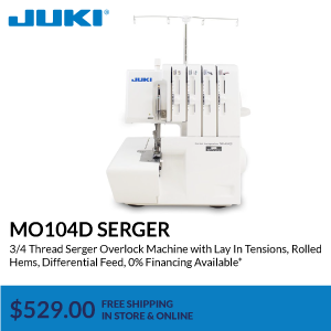 mo104d serger. 3/4 Thread Serger Overlock Machine with Lay In Tensions, Rolled Hems, Differential Feed, 0% Financing Available*. $529.00. free shipping in store & online