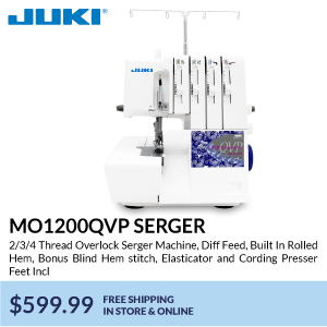 MO1200QVP serger. 2/3/4 Thread Overlock Serger Machine, Diff Feed, Built In Rolled Hem, Bonus Blind Hem stitch, Elasticator and Cording Presser Feet Incl. $599.99. free shipping in store & online