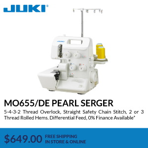 MO655/DE Pearl Serger. 5-4-3-2 Thread Overlock, Straight Safety Chain Stitch, 2 or 3 Thread Rolled Hems. Differential Feed, 0% Finance Available*. $649.00. free shipping in store & online