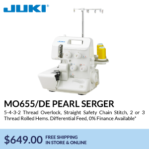 MO655/DE Pearl Serger. 5-4-3-2 Thread Overlock, Straight Safety Chain Stitch, 2 or 3 Thread Rolled Hems. Differential Feed, 0% Finance Available*. $649.00. free shipping in store & online